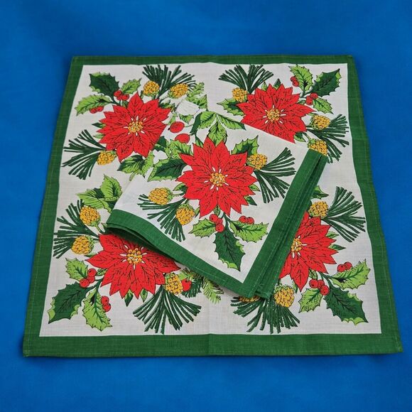 Vintage Floral Poinsettia Holiday Christmas Square Cloth Napkins MCM Set of Two - Picture 1 of 13